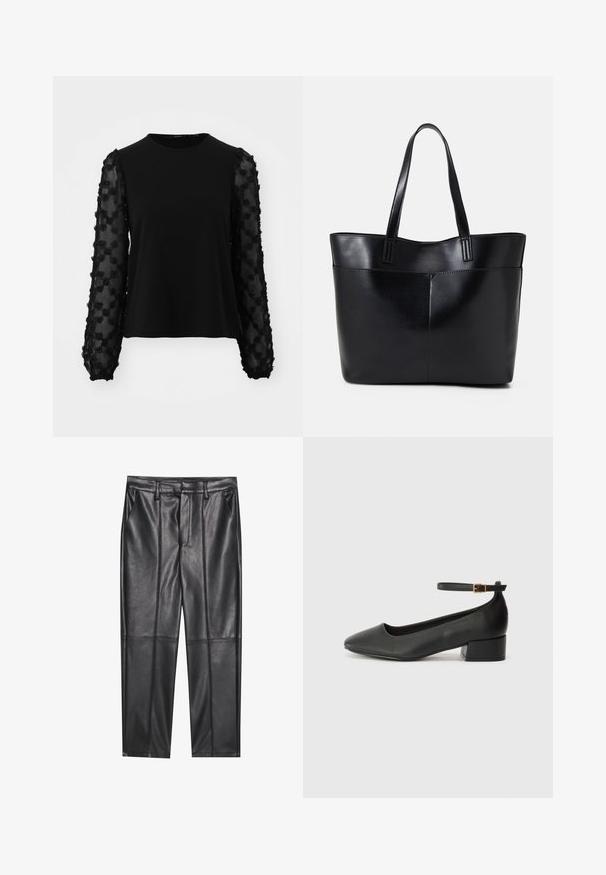 Fekete blúz egyszínű törzzsel és áttetsző, hímzett virágmintás ujjakkal. Hosszú ujjakkal, redőzött mandzsettákkal és kerek nyakkivágással.; Fekete bőrnadrág sima textúrával, egyenes szabással, két elülső zsebbel és látható varrás részletekkel.; Fekete bőr magassarkú cipő hegyes orral és alacsony tömb sarkal. Bokapánttal rendelkezik, aranyszínű csattal. Simább textúra.; Fekete bőr bevásárlótáska két hosszú fogantyúval, sima felülettel és strukturált formával. Elülső zseb található rajta a plusz tárolás érdekében.