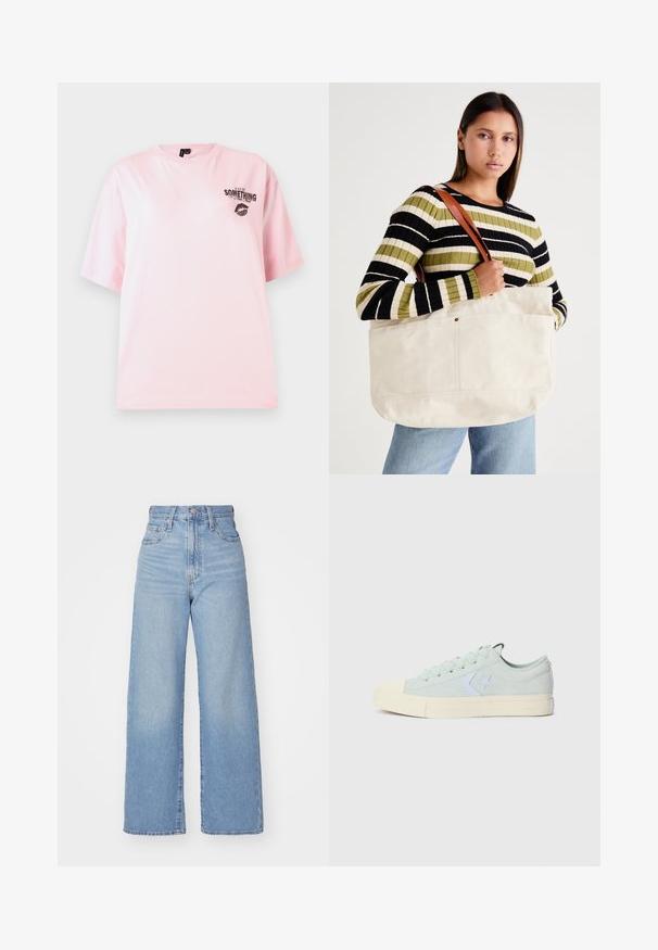 Tricou din bumbac roz, cu mâneci scurte, guler rotund, având text tipărit negru și o imprimare cu buze în zona stângă a pieptului.; Jeans cu talie înaltă, de culoare albastru deschis, cu croială largă, dotate cu nasture și fermoar la față, buzunare în față și spate, pe un fundal alb.; Adidași din pânză verde mentă deschis cu vârf din cauciuc, logo alb în formă de stea și talpă din cauciuc de culoare crem. Prezintă un design clasic cu șireturi.; Geantă mare din pânză bej, cu mânere din piele maro, având un design minimalist și accente de cusături vizibile.