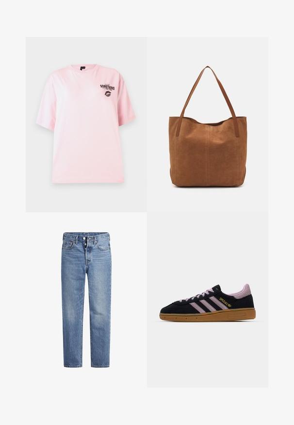 Rosa bomullströja med korta ärmar, rund nacke, med svart tryckt text och ett läpptryck på vänster bröst.; Ljusblå denimjeans med rak skärning, femfickorsdesign och knäppning med knapp. Har subtila blekningar och orangea sömnadsdetaljer.; Svart och rosa mockasneaker med gummisula, tre rosa ränder, gyllene "SPEZIAL" logotyp och texturerad gummina sula. Låg design.; Brun mockaskinn tote bag med två långa handtag, med en slät yta, enkelt design och utan synlig hårdvara eller detaljer.