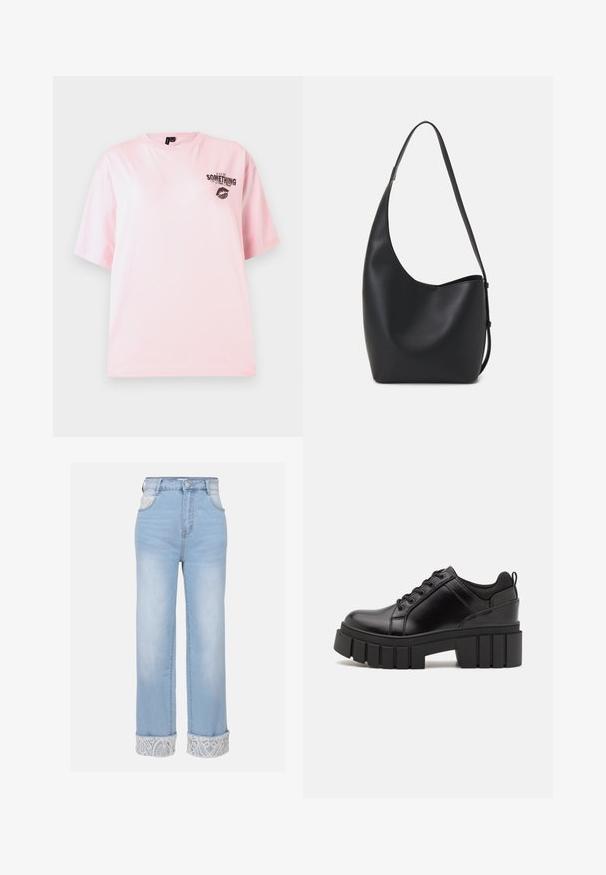 Różowa bawełniana koszulka z krótkim rękawem, okrągłym dekoltem, z czarnym nadrukowanym tekstem i odciskiem ust po lewej stronie klatki piersiowej.; Even&Odd - Wide leg; Czarne skórzane buty na platformie z masywnym słupkowym obcasem, okrągłym noskiem i klasycznym sznurowaniem. Posiadają gładką teksturę i minimalne wykończenia.; Czarna skórzana torba hobo o gładkiej fakturze, zaokrąglonym kształcie i pojedynczym, regulowanym pasku; posiada szerokie otwarcie na górze.