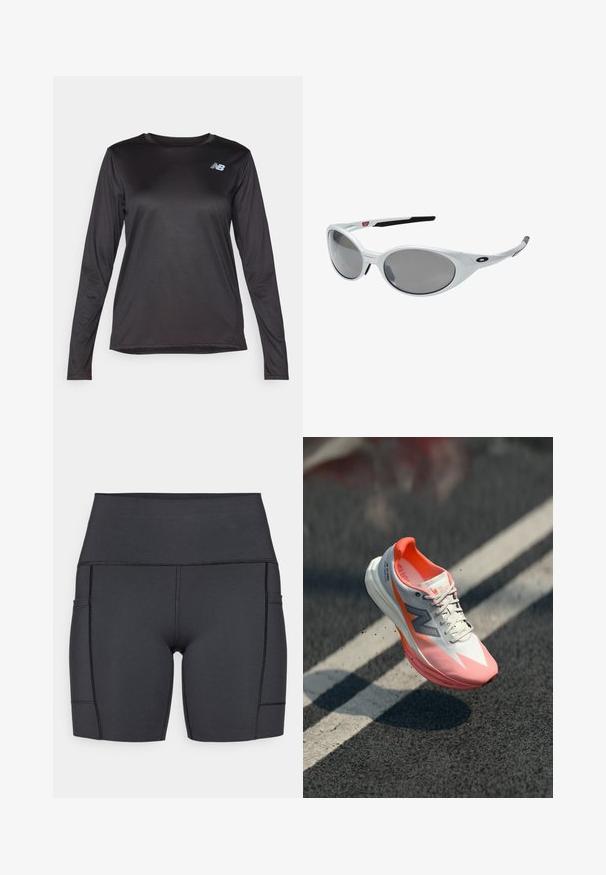 Pikad varrukad must sportlik särk, mis on valmistatud siledast, kergest materjalist, millel on peen tekstuur ja väike logo rindkere piirkonnas.; Mustad kõrge vöökohaga lühikesed püksid elastse kangaga, küljetaskudega, lameõmblustega ja sileda tekstuuriga mugavuse tagamiseks tegevuste ajal.; Valgest ja roosast ülemisest osast koosnev jooksujalanõud, mis on varustatud võrgumustriga, peegeldavate elementidega ja pehmendatud tallaga. Kerge disain, mis tagab hea soorituse.; Valged plastikust prillid suurte ovaalsete objektiividega, halli toonistusega. Omavad musti kõrvaankreid ja väikest logot raamil. Sujuv viimistlus.
