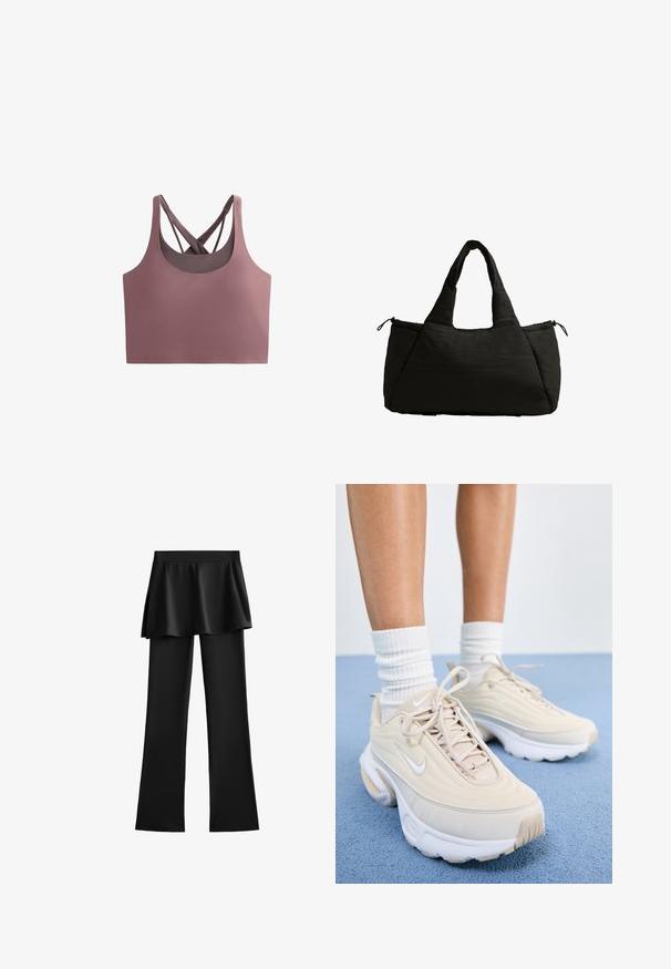 Podprsenka v jemnej ružovej farbe s priliehavým strihom, vyrobená z mäkkej tkaniny. Obsahuje oválny výstrih a krížové ramienka pre podporu a štýl.; Čierne športové nohavice s rozšíreným lemom a pripevnenou voľnou sukňovou prekrytím. Vyrobené z hladkej, elastickej látky. Žiadne viditeľné kovanie ani akcenty.; Béžové športové topánky s textúrovaným zvrškom, bielymi šnúrkami a hrubou bielou podrážkou. Dizajn obsahuje jemné krivky a malé logo.; Čierna taška cez rameno s nadýchavanou textúrou, vybavená dvojicou krátkych uch a bočnou vreckom zaisteným šnúrkou. Jednoduchý, uhlový dizajn.