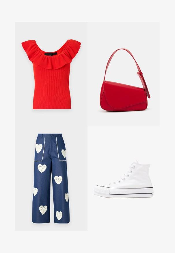 Top rosso a coste con scollatura ampia e volant. Il materiale ha una consistenza morbida e una silhouette aderente. Etichetta del marchio visibile all'interno.; Sister Jane HEART TO HEART - Jeans a sigaretta - blue denim; Sneaker alta in tela bianca con suola in gomma nera, punta in gomma frontale e sei asole per i lacci, caratterizzata da un design pulito e minimalista.; Borsa a tracolla in pelle rossa con un design angolare e geometrico. Presenta una singola tracolla regolabile e una chiusura a patta con dettagli cuciti.