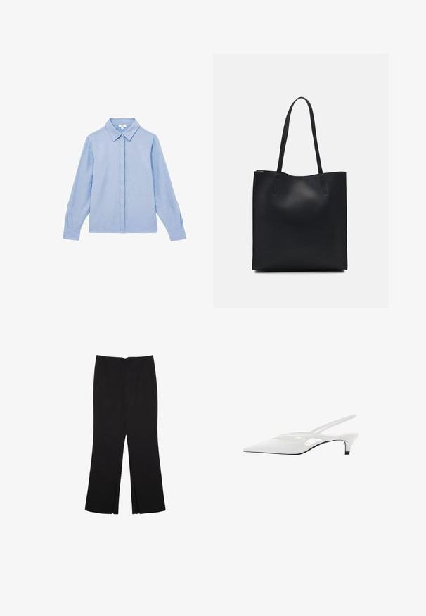 Svijetloplava košulja dugih rukava s dugim prednjim gumbima i ovratnikom. Izrađena od glatke tkanine, s diskretnim šavovima na manžetama.; Crne hlače ravnog kroja, s prednjim džepovima i bočnim prorezima na rubu. Izrađene od mekog i glatkog materijala. Pogodne za razne prigode.; Bijela slingback potpetica s oštrom punta, koja ima glatki gornji dio, suptilne izreze i nisku blok potpeticu. Crna potplata naglašava dizajn.; Crna kožna torba za nošenje s glatkom teksturom, pravokutnim oblikom i dvije duge ručke. Nema vidljivih metalnih dijelova ili ukrasa.