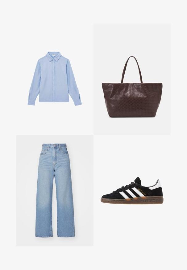 Camicia a maniche lunghe azzurro chiaro con bottoni frontali e colletto. Realizzata in un tessuto liscio, presenta delle cuciture sottili sui polsini.; Jeans a vita alta blu chiaro con gamba larga, chiusura frontale con bottone e zip, tasche anteriori e posteriori, su uno sfondo bianco.; Sneaker Adidas nere con strisce bianche, testo "Spezial" dorato, suola in gomma e tab sul tallone bianco, mostrato in veduta laterale.; Borsa tote in pelle intrecciata marrone con due manici, dalla forma strutturata e superficie texturizzata, caratterizzata da un motivo a diamante in tutto il suo corpo.