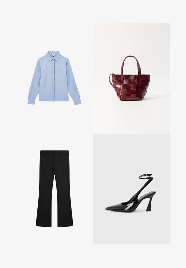 Light blue long-sleeve shirt with a button-down front and collar. Made from a smooth fabric, featuring subtle stitching on the cuffs.; Black flared pants made of smooth fabric, featuring front pockets and a tailored fit with pressed crease lines for a polished look.; Black patent leather slingback high heels with a pointed toe, adjustable ankle strap, and a moderate block heel. Smooth texture with glossy finish.; Woven burgundy leather tote bag with two short handles and a detachable shoulder strap. Features a structured shape and smooth texture.
