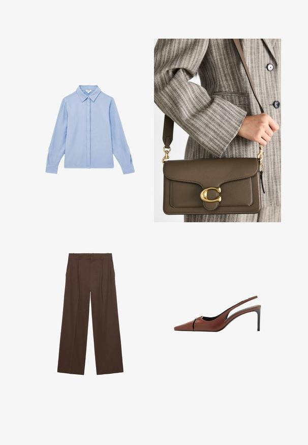 Svijetloplava košulja dugih rukava s dugim prednjim gumbima i ovratnikom. Izrađena od glatke tkanine, s diskretnim šavovima na manžetama.; Smeđe široke hlače napravljene od glatkog materijala, sa visokim strukom, prednjim nabiranjima i dva bočna džepa.; Smeđa kožna slingback potpetica s iznimno šiljastim vrhom, izrezanom detaljom na gornjem dijelu i elegantnom stiletto potpeticom. Glatka tekstura.; COACH TABBY SHOULDER BAG 26 - Ručna torba - dark stone