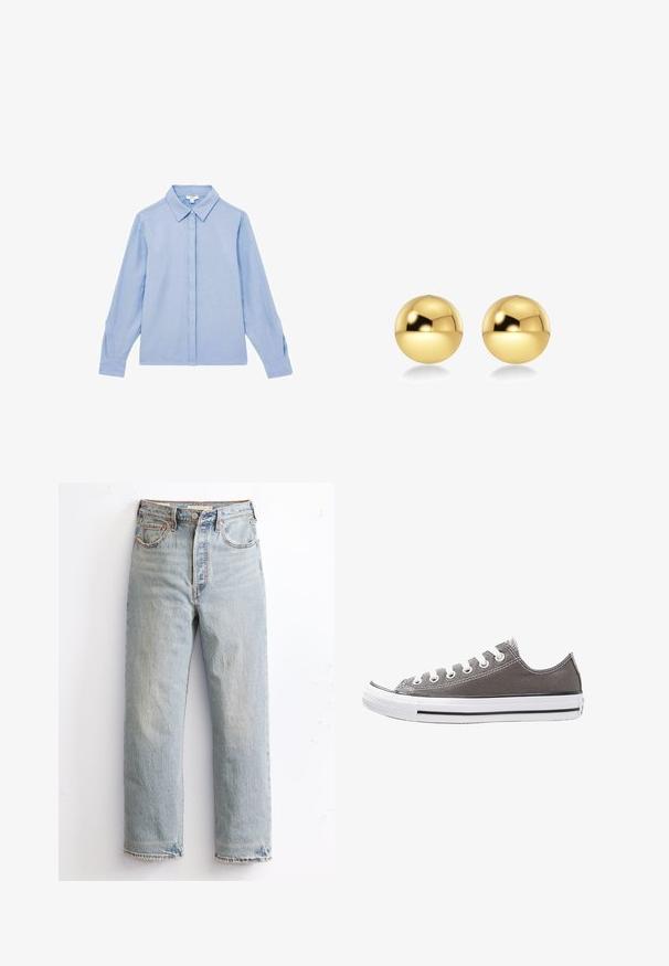 Jasnoniebieska koszula z długim rękawem, z zapięciem na guziki i kołnierzykiem. Wykonana z gładkiego materiału, z subtelnym przeszyciem na mankietach.; Jasnoniebieskie dżinsy z prostymi nogawkami, z postrzępionym dołem, miedzianymi nitami i klasycznym stylem pięciu kieszeni.; Szare płócienne trampki z białą gumową podeszwą, czarnym paskiem i metalowymi oczkami. Charakteryzują się okrągłym noskiem, niskim fasonem oraz teksturowanym materiałem.; Złote, sferyczne kolczyki o błyszczącej, refleksyjnej powierzchni. Ich design jest prosty i gładki, co tworzy nowoczesny, minimalistyczny wygląd.