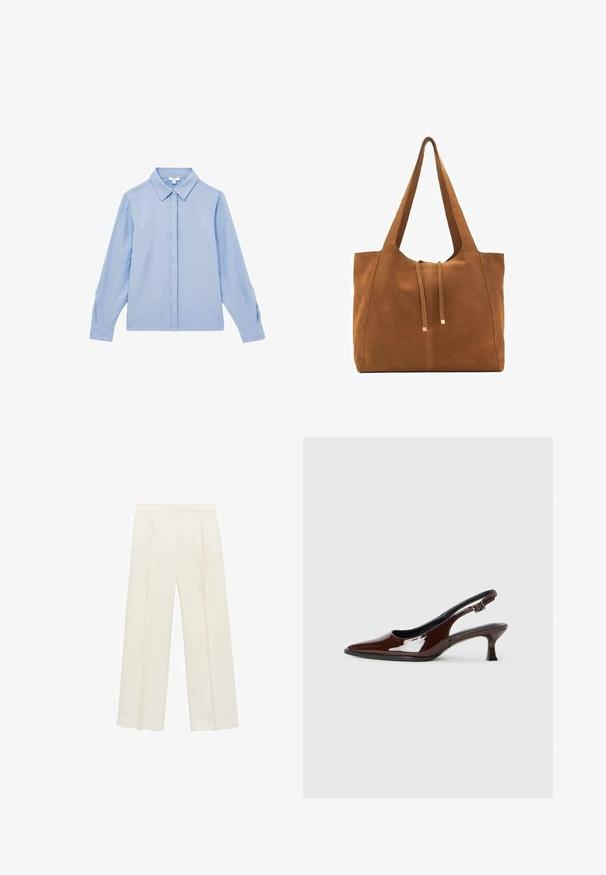 Svijetloplava košulja dugih rukava s dugim prednjim gumbima i ovratnikom. Izrađena od glatke tkanine, s diskretnim šavovima na manžetama.; Hlače širokog kroja u svijetloj krem boji. Izrađene su od glatkog materijala s plisama sprijeda i bočnim džepovima.; Smeđe patentne kožne cipele s otvorenom petom, špicastim vrhom i umjerenom petom. Imaju remen s kopčom za sigurno pristajanje. Glatka tekstura.; Smeđa antilop torba za ruke s dva duga remena, zatvaranje na vezicu i minimalistički dizajn. Glatka tekstura i bez vidljivih metalnih elemenata.