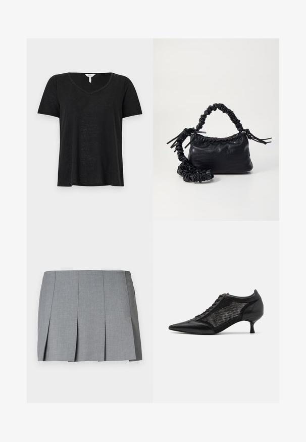 Black short-sleeve t-shirt with a V-neck design. Made from lightweight fabric, featuring a slightly relaxed fit and no visible patterns or accents.; Gray pleated skirt featuring a smooth texture, structured design, and a fitted waist. Made from a lightweight fabric with subtle pattern.; Black pointed-toe shoe with a mesh panel design, featuring a low heel and lace-up front. Made from a combination of leather and mesh material.; Black faux leather handbag with a crocodile texture, cinched top, and a scrunched strap. Appears soft and compact in design.