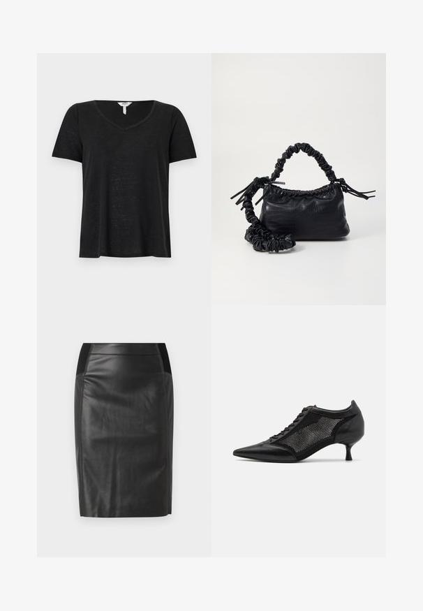 T-shirt preto de manga curta com decote em V. Feito de um tecido leve, apresenta um ajuste ligeiramente relaxado e sem padrões ou acentos visíveis.; Saia lápis de couro preto com um design justo, textura suave e detalhes em cintura elástica de ambos os lados. Barra reta na parte inferior.; Shoe preto de bico fino com um design de painel em malha, apresentando um salto baixo e amarração na parte da frente. Feito de uma combinação de couro e material de malha.; Bolsa de mão em couro sintético preto com textura de crocodilo, topo franzido e alça enrugada. Apresenta um design suave e compacto.