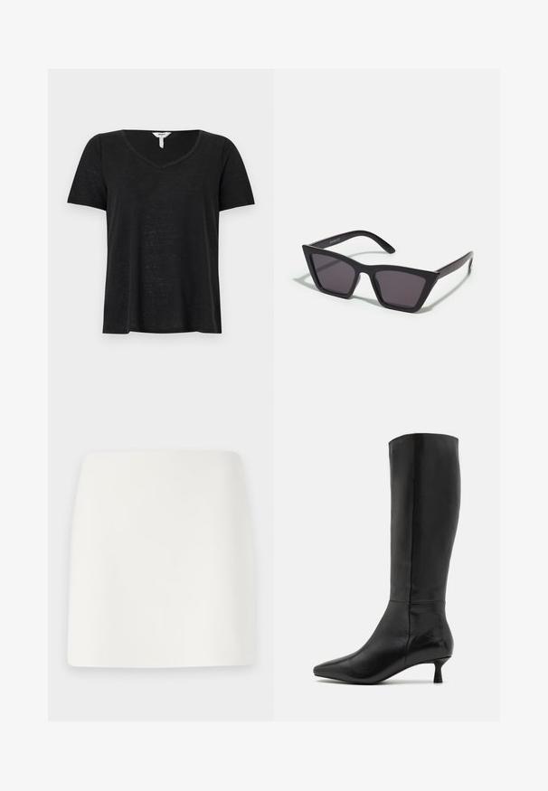 Tricou negru cu mânecă scurtă și design în V. Fabricat dintr-un material ușor, având o croială ușor lejeră și fără modele sau accente vizibile.; Fustă mini albă, mulată, cu o textură netedă și linii clare. Fără modele sau accesorii vizibile. Bază dreaptă.; Zign Cizme - black; Ochelari de soare negri, unghiulari, cu lentile gri; fabricați din plastic, având brațe groase cu o suprafață netedă și fără hardware vizibil.
