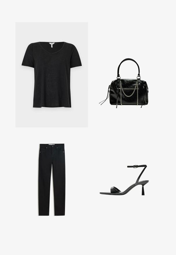 Schwarzes T-Shirt mit kurzen Ärmeln und V-Ausschnitt. Hergestellt aus leichtem Stoff, mit einem leicht lockeren Schnitt und ohne sichtbare Muster oder Akzente.; Schwarze Jeans mit geradem Bein, fünf Taschen, Metallknopfverschluss und dezenten Nähten. Glatte Textur.; Bershka High Heel Sandalette - black; Bershka WITH CHAIN - Handtasche - black