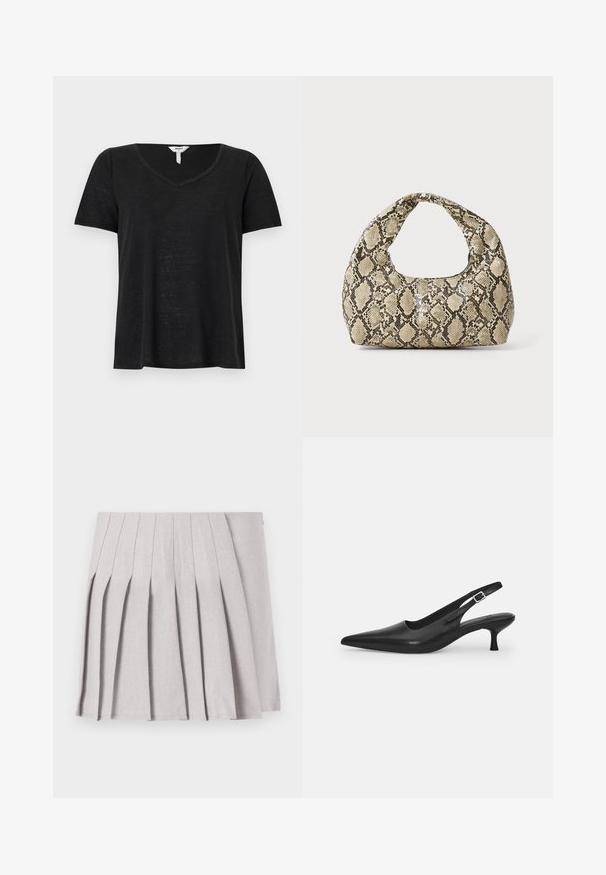 T-shirt nero a maniche corte con scollo a V. Realizzata in tessuto leggero, presenta una vestibilità leggermente rilassata e senza motivi o dettagli visibili.; Gonna pieghettata grigia con una texture liscia, caratterizzata da molteplici pieghe verticali e una vita aderente. Realizzata in un tessuto leggero.; Scarpa slingback nera in pelle con punta affusolata e tacco sottile e curvato. Presenta una discreta fascia regolabile con una fibbia in metallo.; Borsa a stampa rettile con manico curvo. Realizzata in materiali testurizzati beige e marroni, presenta un distintivo motivo a rombi.