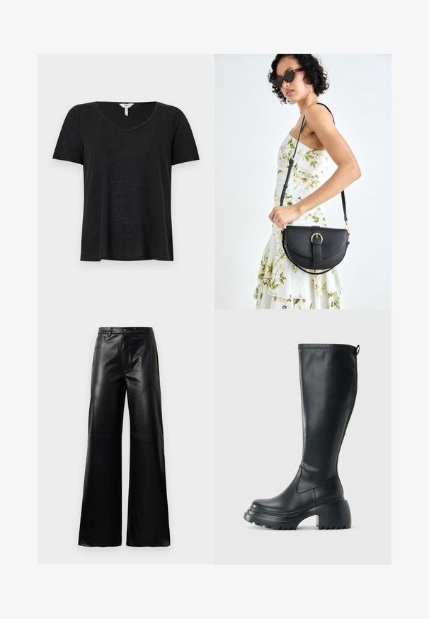 Svart kortärmad t-shirt med V-hals. Tillverkad av lätt tyg, har en något avslappnad passform och inga synliga mönster eller accenter.; Svarta högmidjade vida byxor i konstläder med framknapp, dragkedjestängning, bältesöglor och sidofickor på vit bakgrund.; Höga svarta läderstövlar med kraftig plattformssula och blockklack, med dragflik och strukturerat mönster på yttersulan.; Svart läderhandväska med en böjd form, avtagbar rem och guldiga detaljer. Väskan har ett lock med en spänndetalj.