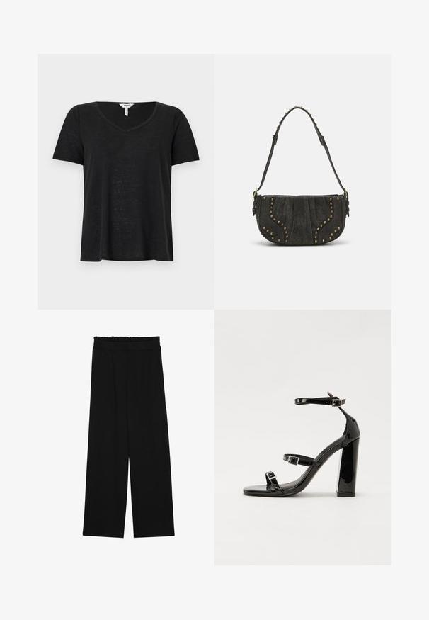 Sort kortærmet t-shirt med V-halsdesign. Lavet af letvægtsstof, med en let afslappet pasform og uden synlige mønstre eller detaljer.; Sorte brede bukser med en rynket talje, der har to sidelommer og et glat, let stof. Ingen synlige mønstre eller hardware.; Sorte patenterede hælsandaler med firkantet tå, ankelremme og sølvspænder. Har en chunky blokHæl for stabilitet.; Sort ruskinds håndtaske med en buet design, der har nitter som accent og en struktureret overflade. Justerbar rem med nittedetaljer langs kanten.