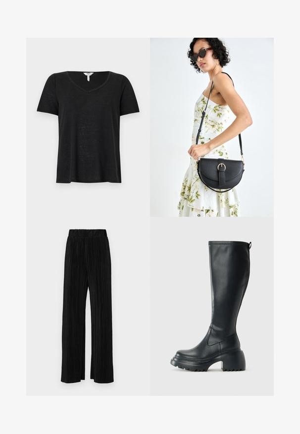 Schwarzes T-Shirt mit kurzen Ärmeln und V-Ausschnitt. Hergestellt aus leichtem Stoff, mit einem leicht lockeren Schnitt und ohne sichtbare Muster oder Akzente.; Schwarze plissierte Hose mit elastischem Bund. Verfügt über weite Hosenbeine und einen glatten, strukturierten Stoff mit vertikalen Streifen.; Hoher schwarzer Lederstiefel mit einer robusten Plateausohle und Blockabsatz, der über eine Zuglasche und ein strukturiertes Profil an der Außensohle verfügt.; Schwarze Lederhandtasche mit geschwungener Form, abnehmbarem Tragegurt und goldenen Beschlägen. Die Tasche verfügt über einen Deckel mit einer Schnallen-Details.