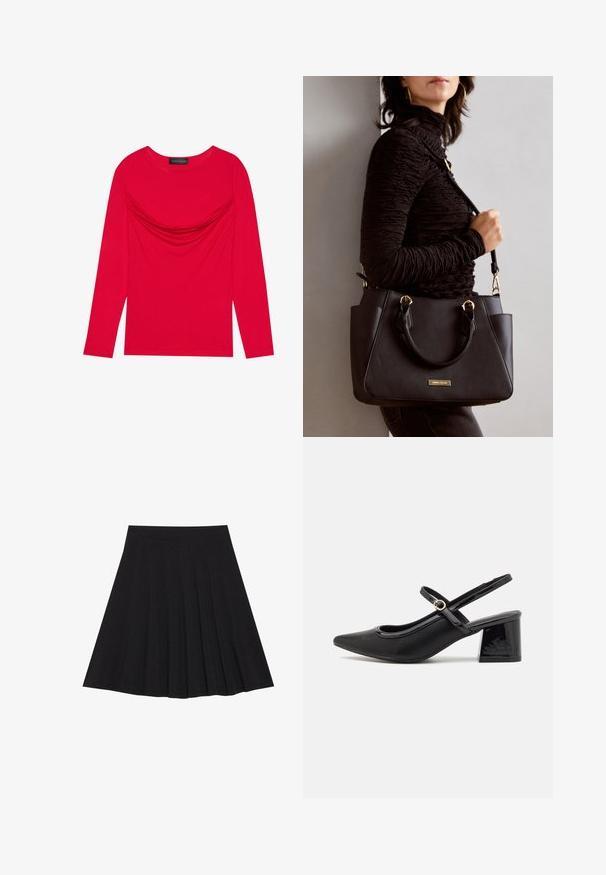 Long-sleeve top in vibrant red cotton with gathered detail at the neckline and a classic rounded collar, featuring fitted silhouette.; Black pleated skirt made of textured fabric with a fitted waistband. Falls to knee length, featuring a smooth, clean silhouette.; Black patent leather slingback heels with a pointed toe, a rounded cutout design, and a block heel. Features a gold-tone buckle accent.; Black handbag with textured surface, dual top handles, and adjustable shoulder strap. Features gold-tone hardware and side pockets.