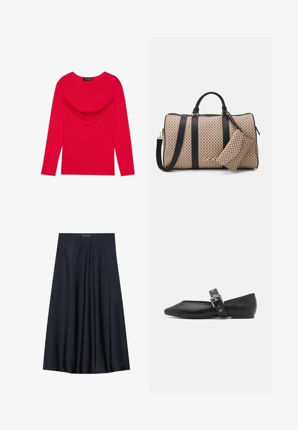 Long-sleeve top in vibrant red cotton with gathered detail at the neckline and a classic rounded collar, featuring fitted silhouette.; Black, knee-length skirt made of lightweight fabric with a flowy design. Features a smooth texture and subtle pleats for added detail.; Black leather flat shoe with a pointed toe, side strap featuring a silver buckle, and a low heel. Smooth texture and minimalistic design.; Duffle bag with a beige patterned exterior, black leather straps, gold hardware, and a small matching pouch attached. Structured design.; Gold-tone rectangular wristwatch with a white dial, silver-tone hour markers, and a durable metal link bracelet. Water-resistant feature included.