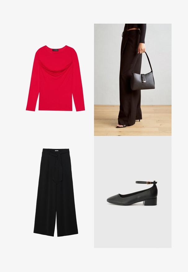 Hosszú ujjú, élénkpiros pamut felső, amelynél a nyakrészen ráncolt rész található, klasszikus kerek gallérral és testhez simuló fazonnal.; Fekete, bő szárú nadrág, texturált anyagból, rugalmas derékpánttal és levehető sállal a derekán, amely állítható illeszkedést biztosít.; Fekete bőr magassarkú cipő hegyes orral és alacsony tömb sarkal. Bokapánttal rendelkezik, aranyszínű csattal. Simább textúra.; Fekete kézi táska strukturált formával, sima textúrával és fémből készült záródással. Széles fekete nadrággal és nyitott orrú szandállal párosítva, fából készült padlón.