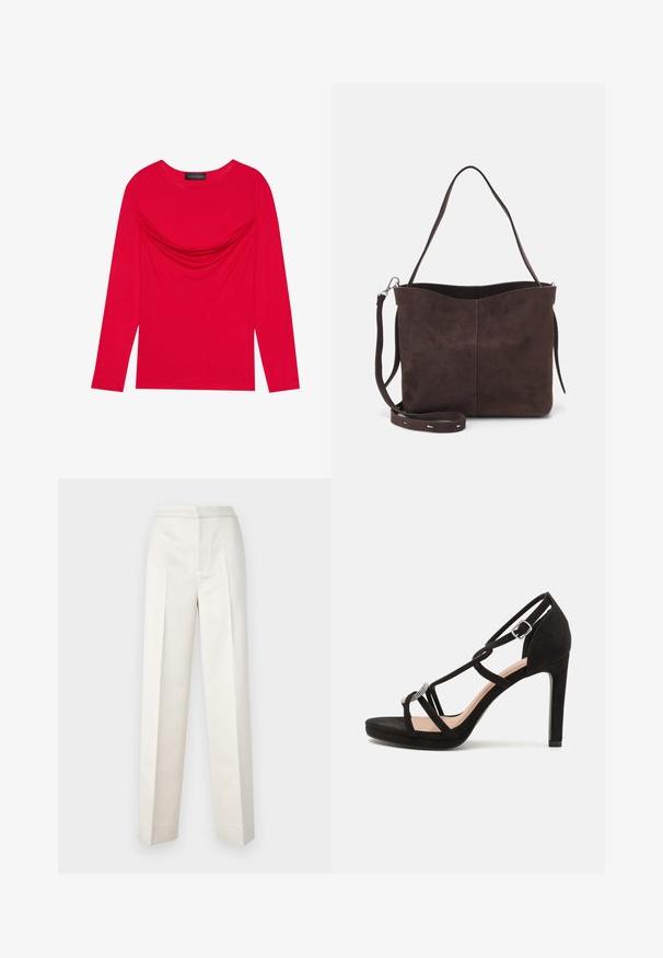 Langärmeliges Oberteil aus leuchtend roter Baumwolle mit raffiniertem Detail am Ausschnitt und klassischem Rundkragen, mit figurbetonter Silhouette.; Cremfarbene Hosen mit figurbetonter Passform, gerader Beine, glattem Stoff, vorderen Falten und sauberem Saum. Minimalistisches Design.; Schwarze Wildleder-Pappelsandalen mit überkreuzten Riemen, einem dekorativen silberfarbenen Akzent und einer Plateausohle für zusätzliche Höhe.; Braune Wildleder-Tasche mit weicher Textur, ausgestattet mit einem einzelnen Schulterriemen und einer dezenten, gewölbten Öffnung an der Oberseite. Keine sichtbaren Beschläge.