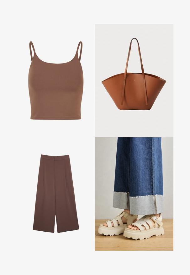 Smeđi crop top napravljen od glatkog materijala s tankim, podesivim trakama. Ima zaobljeni izrez i prilagođeni kroj.; Smeđe hlače širokog kroja s glatkom teksturom, koje imaju visok struk i nabore sprijeda. Tkanina je lagana i slobodno se kreće.; Bež platforme sandale s debelim potplatima imaju dizajn s trakama i podesivim remenima oko gležnja. Nanesene su uz široke traperice, a jedna nogavica je pohabana.; Smeđa kožna torba za nošenje s širokim, strukturiranim oblikom, tankim ručkama i teksturiranom površinom. Ima minimalistički dizajn bez vidljivih dijelova metalne opreme.