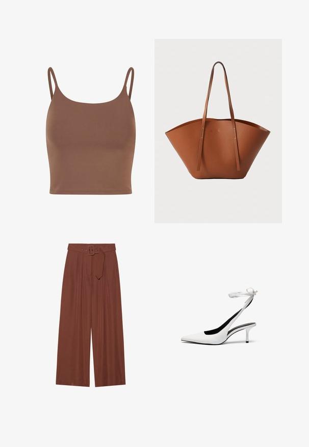 Brun kort topp i slät tyg med tunna, justerbara axelband. Har en rundad halsringning och en figurnära silhuett.; Breda byxor i brunt tyg, med ett bälte med fyrkantig spänne, plisserad design och slät textur.; Vita spetsiga slingbackklackar med en smal ankelrem. Slätt lädermaterial, smal stilettklack och en svart inre foder.; Brun läder tote-väska med en bred, strukturerad form, tunna handtag och en texturerad yta. Den har en minimalistisk design utan synlig hårdvara.