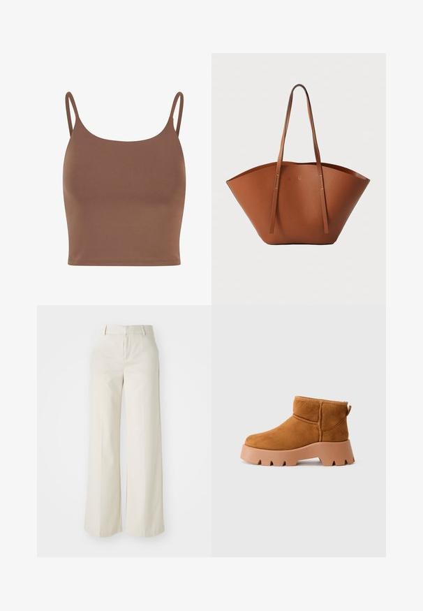 Brown crop top made of smooth fabric with thin, adjustable straps. Features a rounded neckline and a fitted silhouette.; Wide-leg trousers in a light beige color, made of a smooth fabric. Features a classic waistband and flat front with clean lines.; Tan suede ankle boots with a rounded toe, a textured brown sole, and a pull tab. Features a stitched seam and chunky platform design.; Brown leather tote bag with a wide, structured shape, thin handles, and a textured finish. Features minimalistic design with no visible hardware.