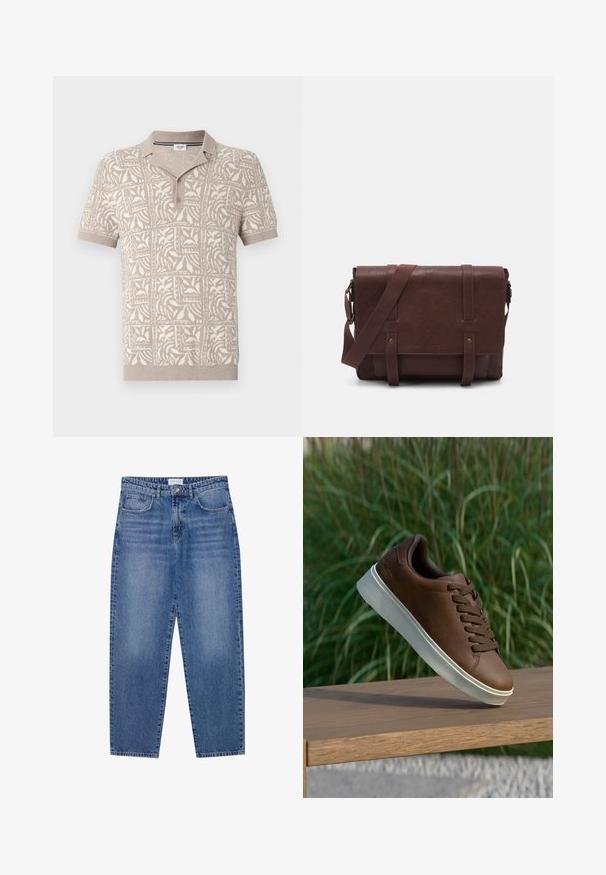 Polo shirt beige a maniche corte con un design testurizzato ePatternato, dotato di colletto abbottonato e una morbida maglia con sottili motivi floreali.; Jeans in denim blu con vita alta, design a gamba dritta e finitura sbiadita. Presentano cinque tasche e chiusura con bottone.; Sneaker in pelle marrone con suola in gomma bianca, punta arrotondata e lacci marroni. Grip testurizzato sulla suola e finitura liscia sulla parte superiore.; Borsa a tracolla in pelle marrone con un davanti piatto, due cinghie, dettagli in metallo dorato e una tracolla regolabile.