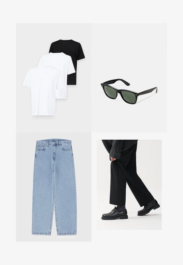 Trīs īsām piedurknēm t-krekli: divi balti un viens melns. Izgatavoti no kokvilnas, ar apaļu kakla izgriezumu un vienkāršu, klasisku dizainu.; Gai zila džinsu bikses ar taisnu kāju dizainu, kas piedāvā vidēju vidukļa augstumu, piecas kabatas un pogas un rāvējslēdzēja aizdari.; Melni ādas apavi ar noapaļotu purngalu, aukliņu dizainu un biezu, teksturētu zoli. Valkāti ar piegrieztām melnām biksēm un ribotu džempera.; Melnas plastmasas saulesbrilles ar zaļiem lēciem, kvadrātveida rāmjiem, sudrabainu akcentu uz uzacīm un teksturētām tempļu kājām. Zīmols norādīts uz iekšējās kājas.; Kvarca pulkstenis ar sudraba nerūsējošā tērauda siksniņu, apaļu melnu ciparnīcu, baltām stundu atzīmēm un datuma rādītāju pulksteņa 3 pozīcijā. Ūdensizturīgs līdz 50m.