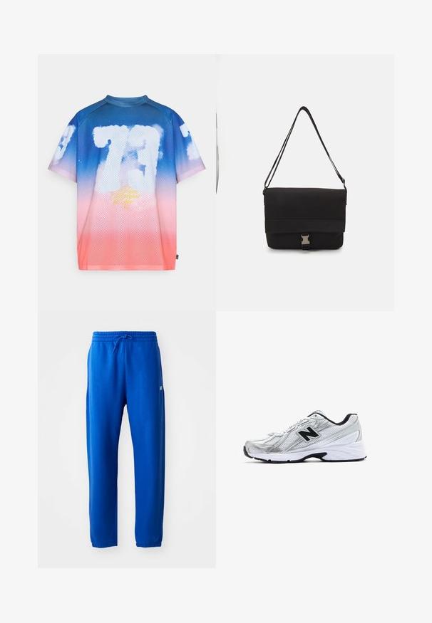 Mesh kortermet skjorte med en gradient fra blå til rosa, med hvite sky-lignende grafikker og gul tekst i midten.; Blå joggebukser laget av mykt stoff, med elastisk midjebånd og snøring, smale ben og en liten logo-detalj på siden.; Sølv atletisk sko med mesh-materiale, sorte aksenter, perforert design og en polstret hvit såle. Har et fremtredende 'N'-logo.; Svart budveske laget av glatt materiale, med en klaff som kan legges over, sølvfarget spenne og en justerbar skulderrem.