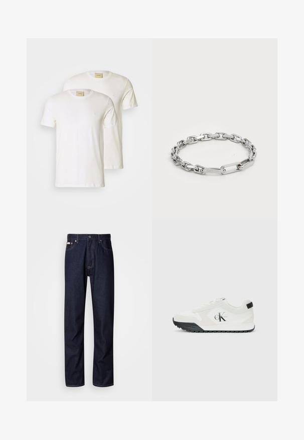 Hvite bomulls T-skjorter med korte ermer, rund hals og en liten logo på brystet, vist i en pakke med to. Glatt tekstur.; Mørkeblå denimjeans med rett ben-design, som har knappestolpe, fem lommer og kontrasterende sømdetaljer.; Calvin Klein hvit sneaker med svart såle, semsket skinn og mesh-paneler, CK-logo på siden, samt Calvin Klein-merke på hælen og sålen.; Sølvkjede armbånd med ovale og rektangulære lenker med en glatt tekstur. Gravet Calvin Klein-logo på en flat lenke.