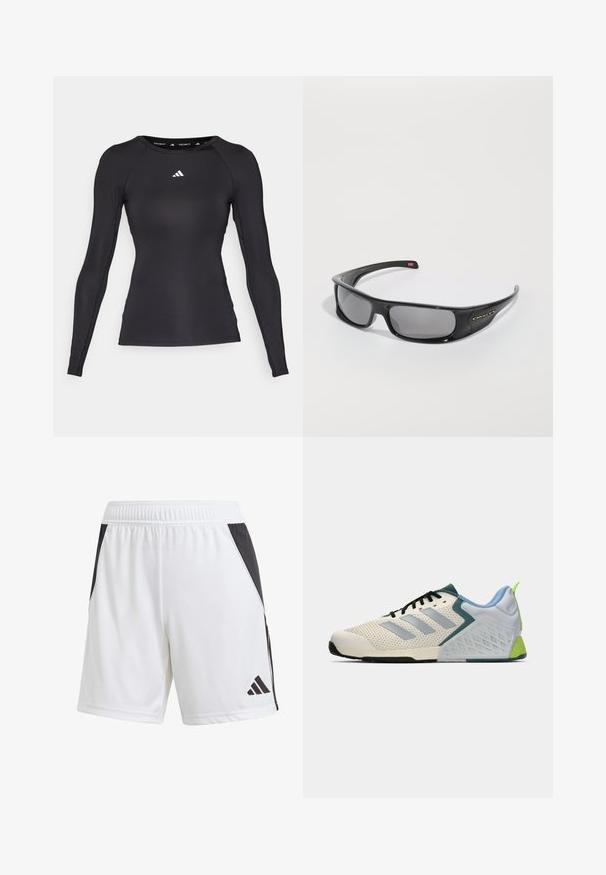 Svart langermet treningsskjorte laget av glatt stoff, med en tettsittende design og hvit logo på brystet og inni kragen.; Hvite treningsshorts med en svart sidepanel, laget av lett stoff. Har elastisk midje og en svart Adidas-logo på den nedre delen av benet.; Lettvektsidrettssko med et kremfarget mesh-overdel, grå striper, en grønn detalj og en teksturert blå hæl. Svarte lisser.; Svart Oakley-wraparound solbriller med mørke rektangulære linser og buede armer på en hvit bakgrunn.