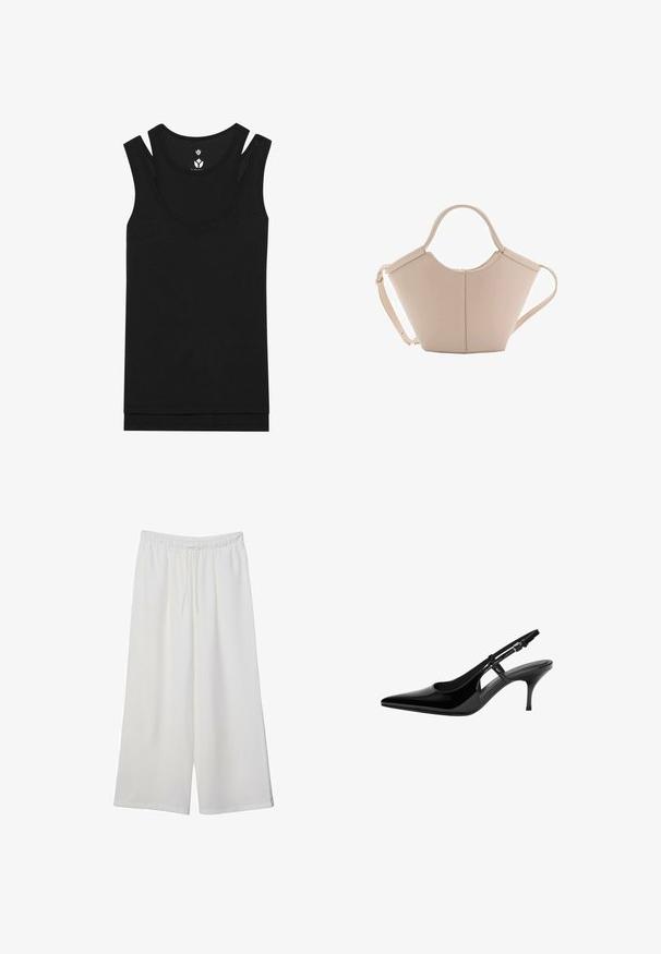 Crna majica bez rukava s okruglim izrezom i dizajnom s dvostrukim trakama. Izrađena od rebrastog materijala s glatkom teksturom, ima ravni rub.; Bijele hlače širokog kroja izrađene od lagane tkanine, s elastičnim pojasom i vezicom za prilagodljivu veličinu. Glatka tekstura.; Crne lakirane kožne sandale sa otvorenom petom, špicastim prstom, otvorima sa strane, tankom potpeticom i podesivom trakom oko članaka.; Bež kožna torba jedinstvenog oblika, s dva kratka ručka i dugom podesivom trakom. Glatka tekstura s minimalnim metalnim dodacima.