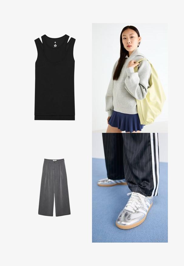 Black tank top with a round neckline and double strap design. Made of ribbed fabric with a smooth texture, features a straight hem.; Pleated wide-leg trousers in a dark gray fabric with a subtle texture. Features a button closure and a classic waistband design.; Metallic silver sneakers with white laces and three white stripes, paired with black pinstriped pants. Gum sole accent at the bottom.; Gray oversized hoodie with a kangaroo pocket, paired with a navy flared skirt. Accessory: large light yellow backpack, smooth texture.