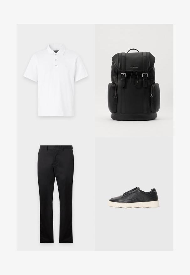 Valge polo särk, millel on kraega kaelus, kolme nupuga avamine ja lühikesed varrukad. Pehme puuvillane materjal, millel on ühtlane tekstuur.; Mustad puuvillased püksid sirge jala disainiga, millel on ees nööp sulgemine ja küljetaskud, sile tekstuur, nähtavad mustrid puuduvad.; Must be a black leather sneaks, millelööb, ümar ninaga ja lame valge kummitald. Omab musti paelu ja brändingut kanna peal.; Mustast nahkakotist, millel on tekstureeritud pind, klappkujulise sulgemise mehhanism, metallist riistvara, külgmised tõmblukuga taskud ja brändi logo esiküljel.