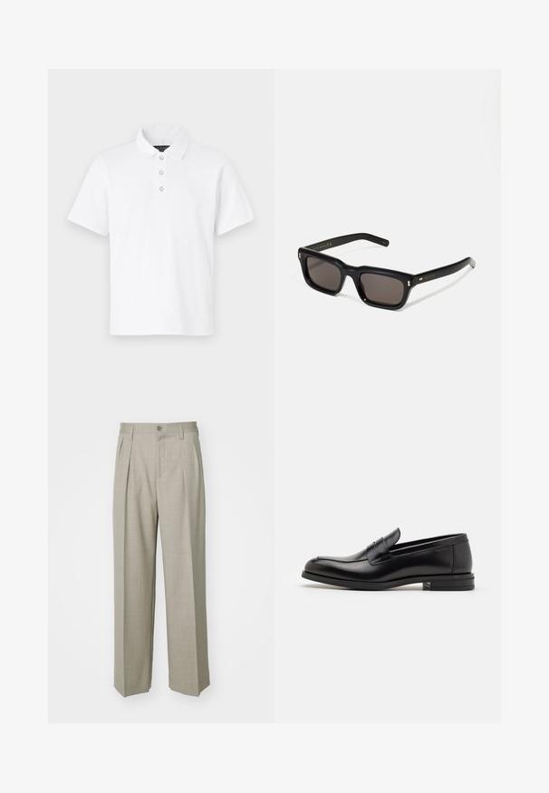 Weißes Polohemd mit einem Kragen, einer Drei-Knopf-Leiste und kurzen Ärmeln. Weiches Baumwollmaterial mit einer schlichten Textur.; Filippa K WIDE TROUSERS - Stoffhose - sage melange; Schwarze Lederloafers mit glatter Textur, rundem Zehenbereich und einem dekorativen Riemen über dem Vorderfuß. Niedriger, gestapelter Absatz, minimalistisches Design.; Schwarze rechteckige Sonnenbrille mit dunklen Gläsern, dickem Kunststoffrahmen, goldenen Akzenten an den Bügeln und eingraviertem Markenlogo am Arm.