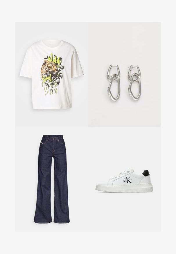 T-shirt en coton blanc avec un graphique de léopard aux accents verts et les mots "Âme Sauvage". Manches courtes, coupe décontractée et texture lisse.; Jeans ample bleu foncé en denim avec taille haute, ornés de surpiqûres orange, d'un design à cinq poches et d'une fermeture à bouton.; Baskets basses blanches avec un tab de talon noir, semelle plateforme, lacets et logo "CK" de Calvin Klein sur le côté.; Calvin Klein STATEMENT LINKS - Boucles d'oreilles - silver-coloured