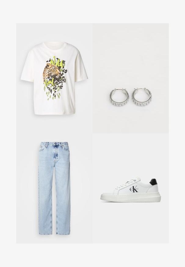 Bela bomba majica iz bombaža z grafiko leoparda in zelenimi poudarki ter besedami "Divja duša." Kratki rokavi, sproščen kroj in gladka tekstura.; Svetlo modri široki džins hlače iz denima, z visokim pasom, zbledelim pranjem in subtilnim tie-dye vzorcem spredaj.; Bele nizke superge z črnim hrbtnim delom, platformo, vezalkami in Calvin Klein "CK" logotipom na strani.; Srebrni obroči s teksturiranim dizajnom, ki vsebuje navpične rebraste vzorce. Krožna oblika z varnim zapiranjem na zaponko. Gladek zaključek.