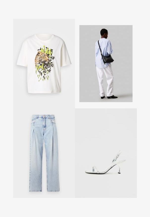 Biała bawełniana koszulka z grafiką lamparta w zielonych akcentach i napisem "Dzika Dusza". Krótkie rękawy, luźny krój i gładka tekstura.; Jasnoniebieskie dżinsy z wysokim stanem, szerokimi nogawkami, dwoma bocznymi kieszeniami oraz plisowanym wzorem. Miękka tekstura z wyblakłym wykończeniem.; Srebrne lakierowane sandały na wysokim obcasie typu slingback z wąskim paskiem na palcach, regulowanym zapięciem i smukłym obcasem.; Czarna skórzana torba na ramię o miękkiej fakturze, w kształcie trójkąta, z regulowanym paskiem, połączona z jasnoniebieską koszulą w paski i białymi spodniami.