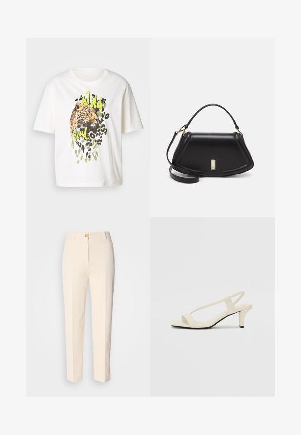 Biała bawełniana koszulka z grafiką lamparta w zielonych akcentach i napisem "Dzika Dusza". Krótkie rękawy, luźny krój i gładka tekstura.; Kremowe, wysokie spodnie wykonane z teksturowanej tkaniny. Posiadają zapięcie na guzik z przodu oraz zwężające się nogawki.; Beżowe sandały na blokowym obcasie z cienkimi ramiączkami i kwadratowym noskiem. Gładki materiał z minimalną ilością detali, zaprojektowane z myślą o łatwym zakładaniu.; Czarna skórzana torebka o strukturalnym designie, z przyciętą formą, górnym uchwytem i złotymi akcentami. W zestawie regulowany pasek na ramię.