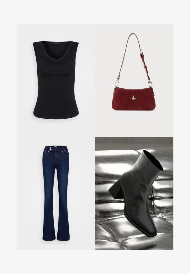 Must värvitu mittevarrukaline naiste särk laia õlavarrega ja voogava kaelusega, kitsenenud vöökoht, esitatud ühevärvilisel taustal.; Hall liib seljaga hall pikkade varrukatega särk, millel on vertikaalsed valged triibud, kollane kaelus ja tõmblukuga eesosa. Omab figuuri rõhutavat lõiget ja kõverat alumist serva.; Tumedad sinised laiad teksapüksid, millel on kõrge talje, kaks eesmist taskut ja kaks nööbikinnitust. Valmistatud siledast denimist.; Must musta narmand, läikiva materjali ja ruudukujulise varbaga ning kitseneva kontsaga, paigutatud läikiva hõbedaselt tuftitud tausta ette.; Punane sule nahast õlakott, millel on kaarjas kuju. Omab hõbedast detaili ja reguleeritavat rihma koos riistade kaunistustega. Sile tekstuur.