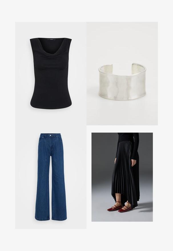 Top preto sem mangas para mulheres, com alças largas e decote drapeado, cintura ajustada, exibido sobre um fundo simples.; Jeans de ganga azuis de perna larga com uma cintura alta, fecho frontal por botão e zip e bolsos dianteiros e traseiros sobre um fundo plain.; Saia preta plissada com bainha assimétrica, combinada com sapatilhas vermelhas brilhantes com um design de tiras. O tecido tem uma textura suave.; Zign Pulseira - silver-coloured