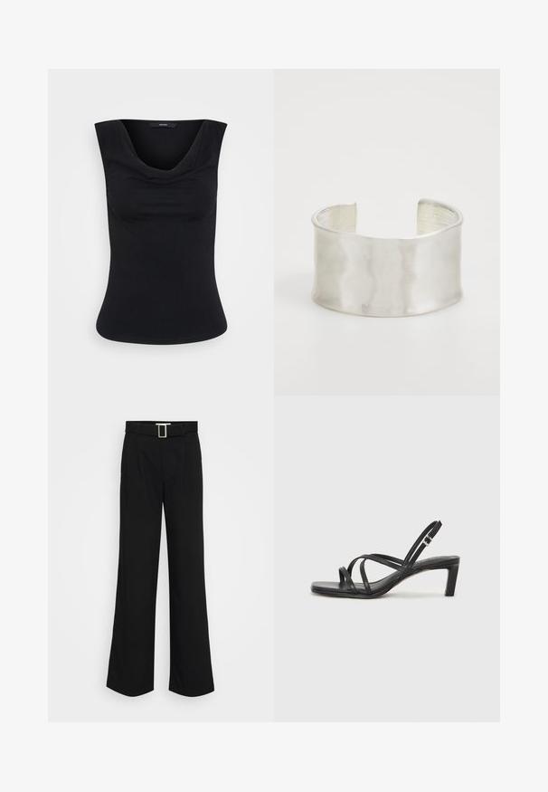 Črna brezrokavna ženska majica z širokimi naramnicami in drapiranim ovratnikom, z oprijetim pasom, prikazana na enobarvni podlagi.; Črne široke hlače iz lahkega materiala, ki se ponašajo z gladko teksturo, sprednjimi gubami in pasom s kvadratno kovinsko zaponko.; Črne natikače s trakovi in kvadratnim prstom ter nizkim blokastim peto. Imajo več tankih trakov in nastavljiv trak okoli gležnja. Narejene so iz gladkega usnja.; Zign Zapestnica - silver-coloured