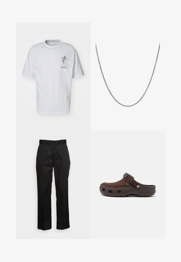 White cotton t-shirt with short sleeves, featuring a front graphic of a floral design, and text details below the illustration.; Black trousers made from a smooth fabric, featuring a straight leg design, belt loops, and two side pockets. Classic look without embellishments.; Brown slip-on clog with a soft-textured upper, adjustable strap, and perforated design for ventilation. Thick rubber sole for traction.; Silver metallic chain necklace featuring interlocking links with a smooth finish, creating a classic and durable design.