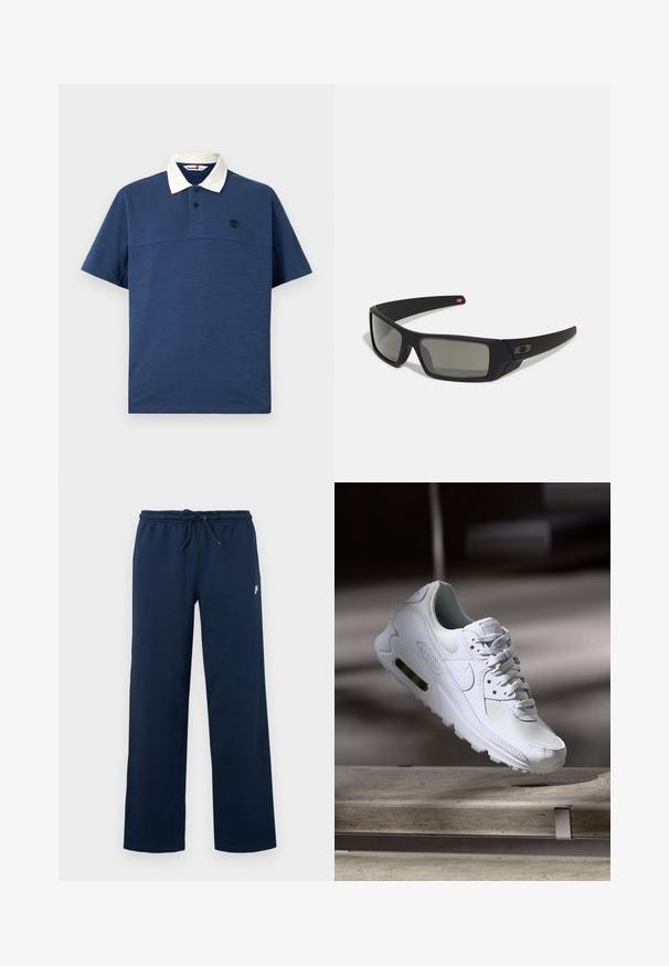 Mørkeblå polo-skjorte med hvit krage, korte ermer, toknappslukking og en liten svart logo på brystet. Myk stoffstruktur.; Mørkeblå joggebukser med elastisk midje, snøring, sidesømmer og en liten hvit logo øverst på venstre ben.; Hvit Nike Air Max 90 sneakers med øvre del laget av mesh og skinn, perforert tåboks og en synlig luftenhet i hælen.; Sorte solbriller med mat finish, rektangulære linser, lett kurv på brillestengene, diskret logo detaljer, og røyktinted linser.