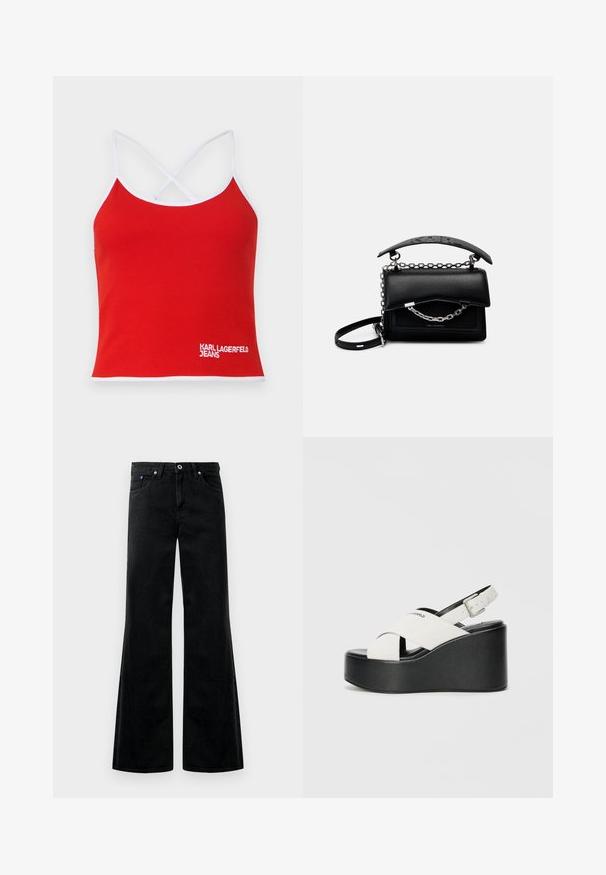 Punainen urheilutoppi valkoisilla saumoilla ja ristikkäisillä olkaimilla, jossa edessä on valkoinen brodeerattu logo "KARL LAGERFELD JEANS".; Mustat farkut, joissa on leveä lahje ja korkea vyötärö, viisi taskua ja näkyvät ompelusaumat. Tasainen pinta, jossa on lievä kiilto.; Valkoiset alustakengät mustalla pohjalla, joissa on ristikkäinen hihnasuunnittelu ja säädettävä nilkkakiinnitys. Sileä pinta, moderni muoto.; Musta nahkainen käsilaukku, jossa on rakenteellinen muotoilu, ketju- ja kahva-yksityiskohdat sekä teksturoitu pinta. Varustettu läpällä, jossa on näkyvä brändäys.