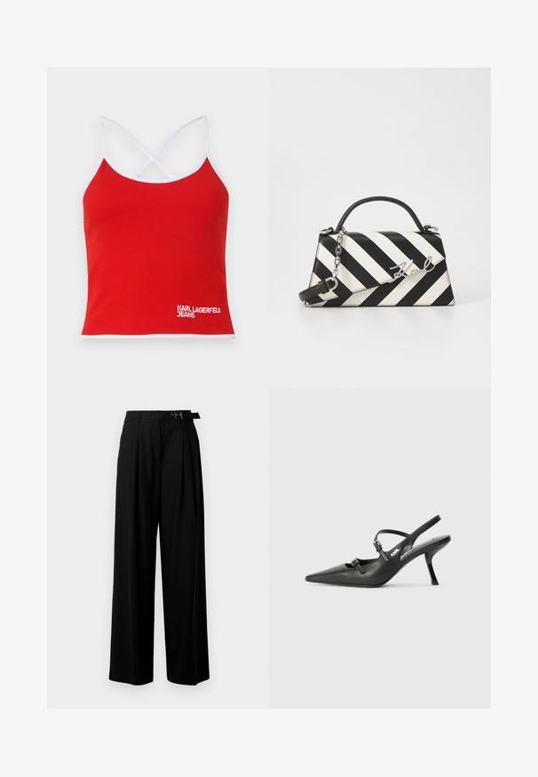 Top roșu cu dungi, cu tiv alb și bretele în cruce, având un logo brodat alb "KARL LAGERFELD JEANS" pe față.; Pantaloni negri cu croi larg, talie înaltă, pliuri în față și un b μέρος cu cataramă. Confecționați dintr-un material neted și ușor.; Pantofi cu toc slingback din piele neagră, cu vârful ascuțit, toc subțire și detaliu decorativ cu cataramă pe partea din față. Textură netedă și design elegant.; Geantă cu dungi alb-negru, cu o formă structurată, având un mâner superior, o curea din lanț detașabilă și un accent metalic cu logo.