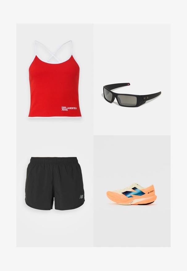 Piros bordázott ujjatlan felső fehér díszítéssel és keresztbe csatolt pántokkal, a mellrészen fehér hímezett "KARL LAGERFELD JEANS" logóval.; Fekete sport short, rugalmas derékpánttal, könnyű anyagból készült. A jobb alsó sarokban egy kis szürke logó található.; Futócipő könnyű krém színű felsőrésszel, kék márkázással és narancssárga kiemelésekkel a talpon. Hálós textúra a légáteresztőség érdekében.; Fekete napszemüveg matt felülettel, téglalap alakú lencsékkel, enyhe ívvel a templomokon, diszkrét logó részlettel és füstszínű lencsékkel.