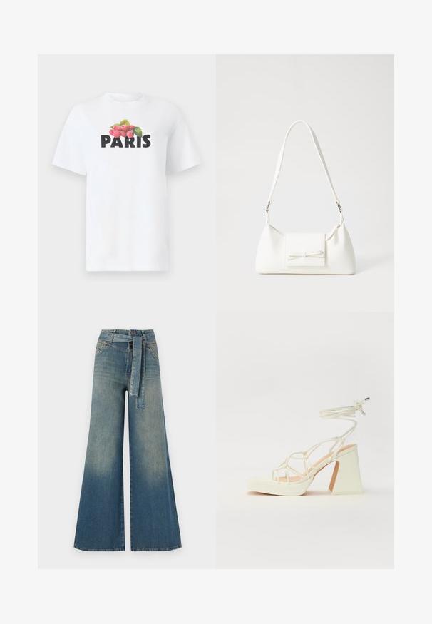 T-shirt en coton blanc avec "PARIS" en lettres noires en gras, orné de framboises rouges et de feuilles vertes au-dessus du texte.; Pantalons en denim à jambe large présentant un dégradé de bleu clair à bleu foncé, taille haute, passants de ceinture et une ceinture en tissu assortie. Finition en denim texturé.; Sandale blanche à talons hauts avec un talon épais, présentant un design à lanières et un lien autour de la cheville. Texture lisse avec une plateforme à l'avant pour une hauteur supplémentaire.; Sac à main synthétique blanc en forme triangulaire, avec un rabat avant plat et un détail en nœud, une bandoulière ajustable, une texture lisse et un design minimaliste.